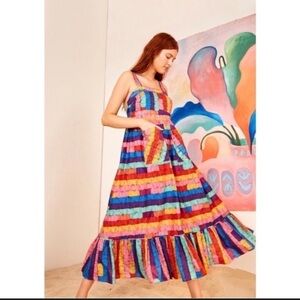 FARM Rio | Dresses | Farm Rio Anthropologie Abstract Patches Long Sleeve Maxi  Dress In Red Vacation | Poshmark